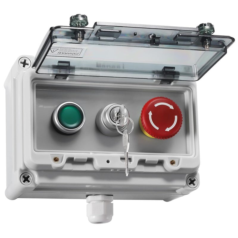 Manesi Push Button Station IP67 Outdoor Waterproof Button Switch Box Emergency Stop Button Switch,Key Button Switch and Green Instantaneous Button Switch with Protective Cover Anti-Misoperation Switch - Image 1